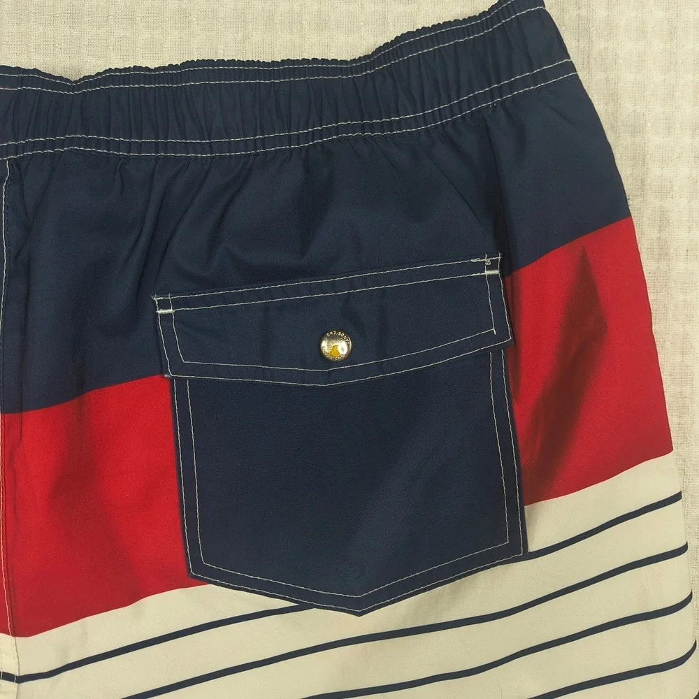 Lands End Mens XL Swim Trunks Board Shorts Red Blue White Striped Colorblock